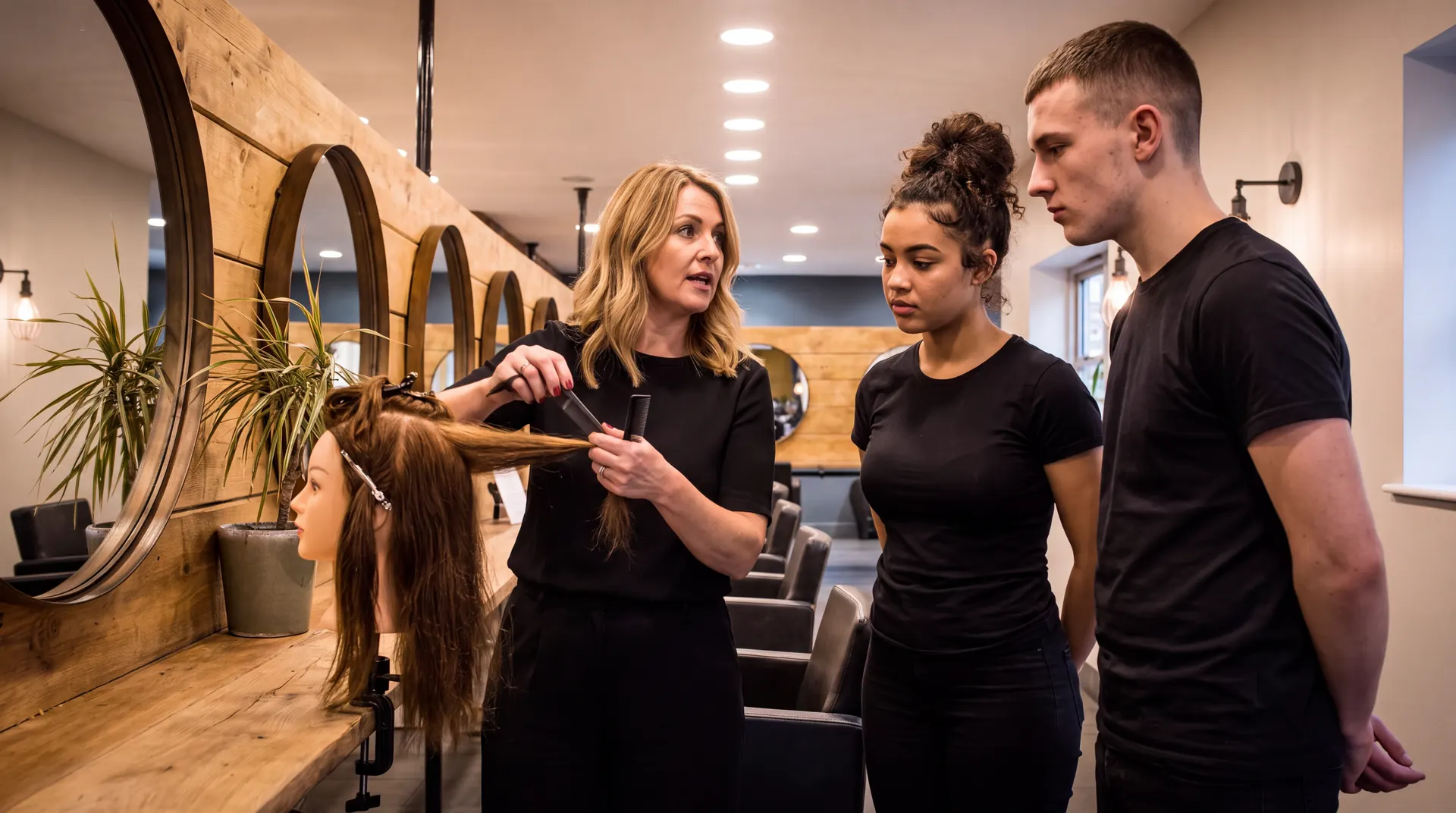 A Seckingtons educator showing two apprentices how to section hair on a training head