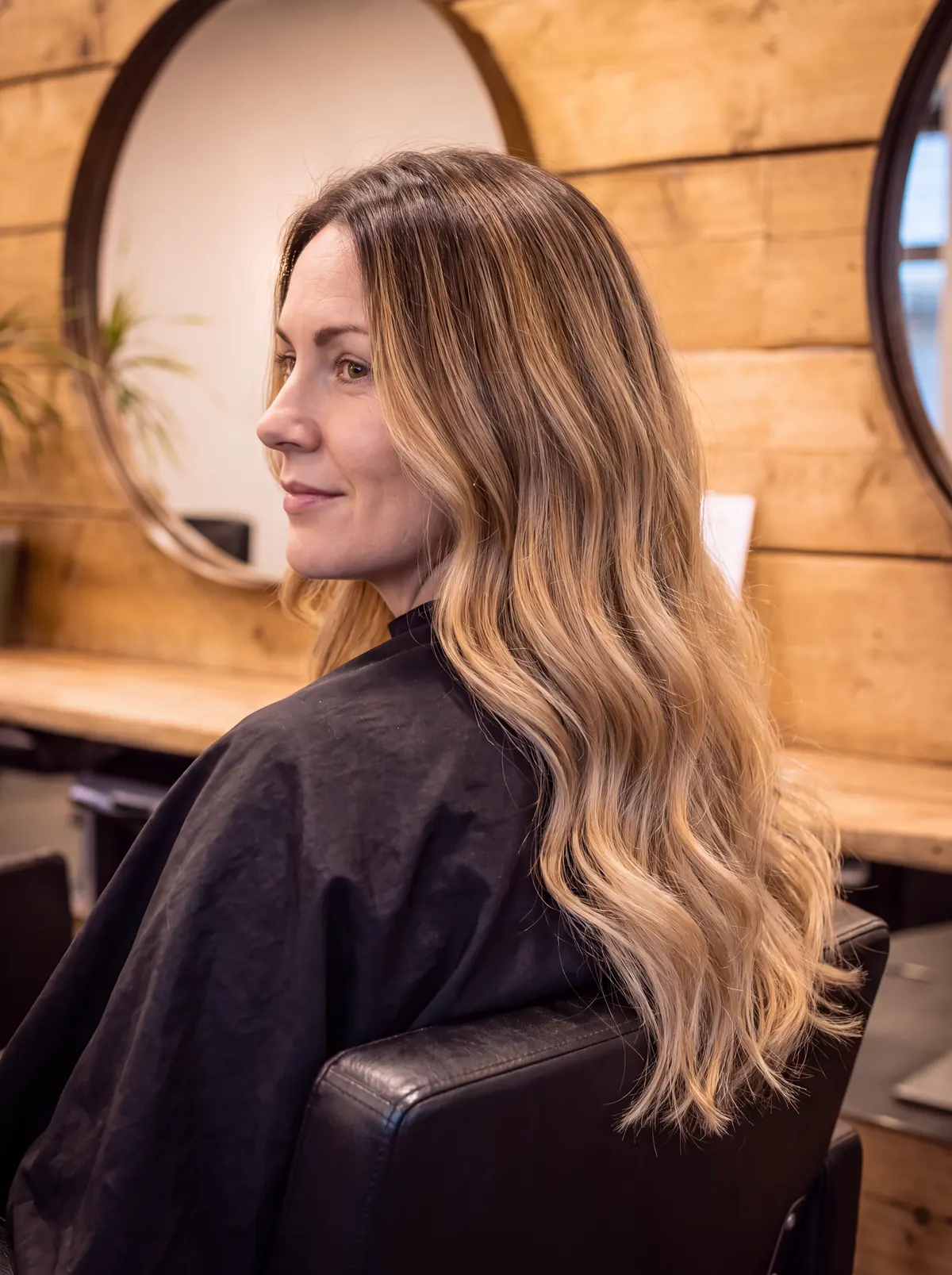 After: glossy blended balayage in cool honey tones
