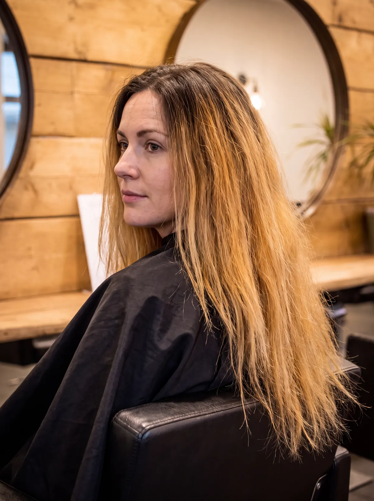 Before: long hair with dark regrowth and brassy faded blonde lengths