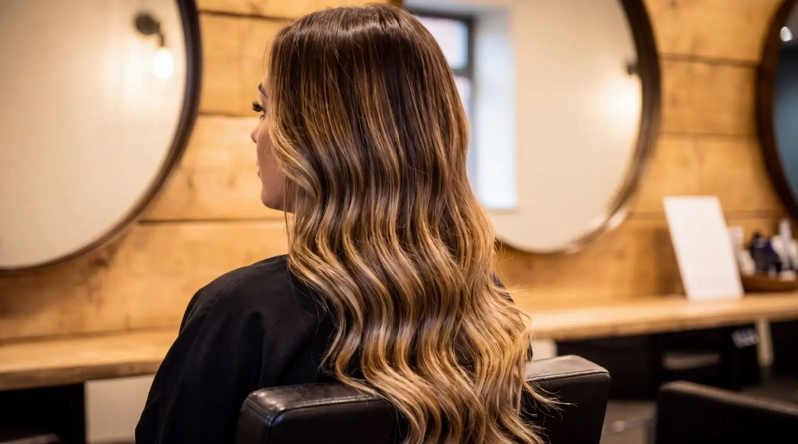 A finished balayage in chocolate, caramel and honey, seen from behind