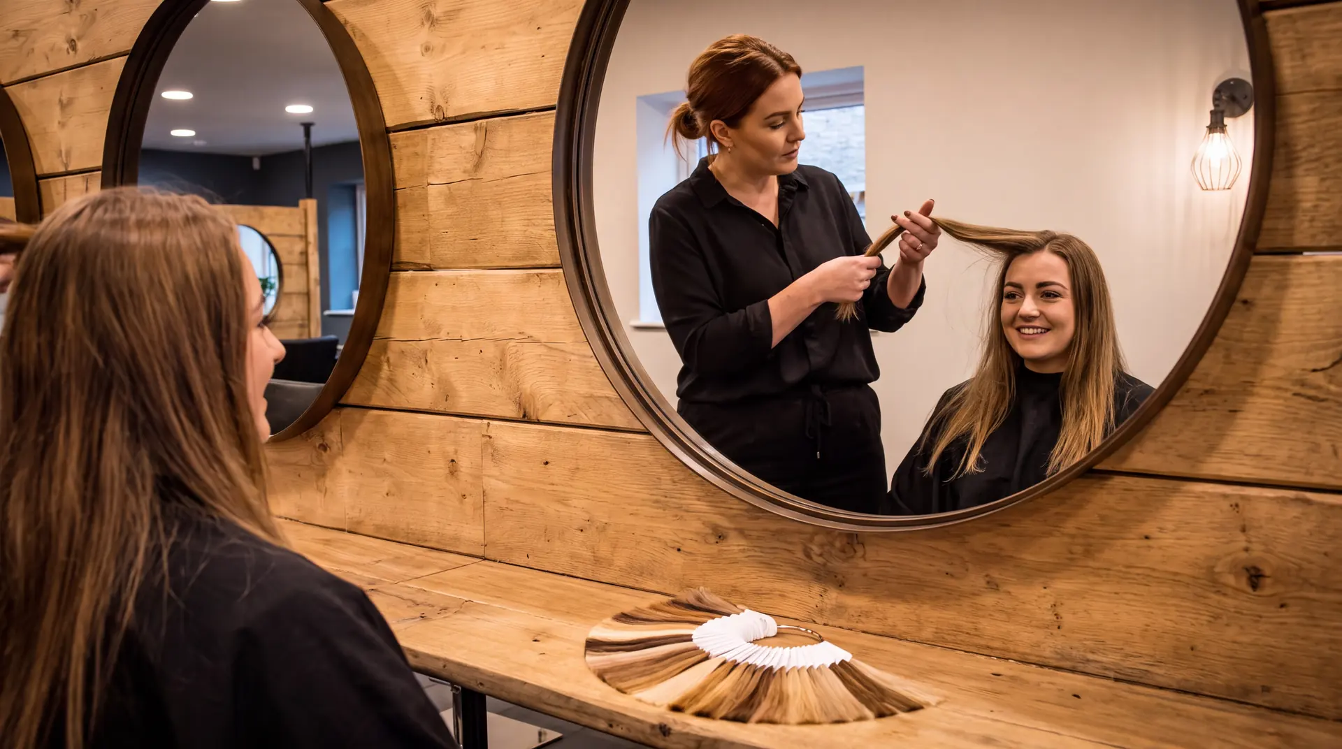 A colourist holding a section of her client's hair up to the light during a consultation