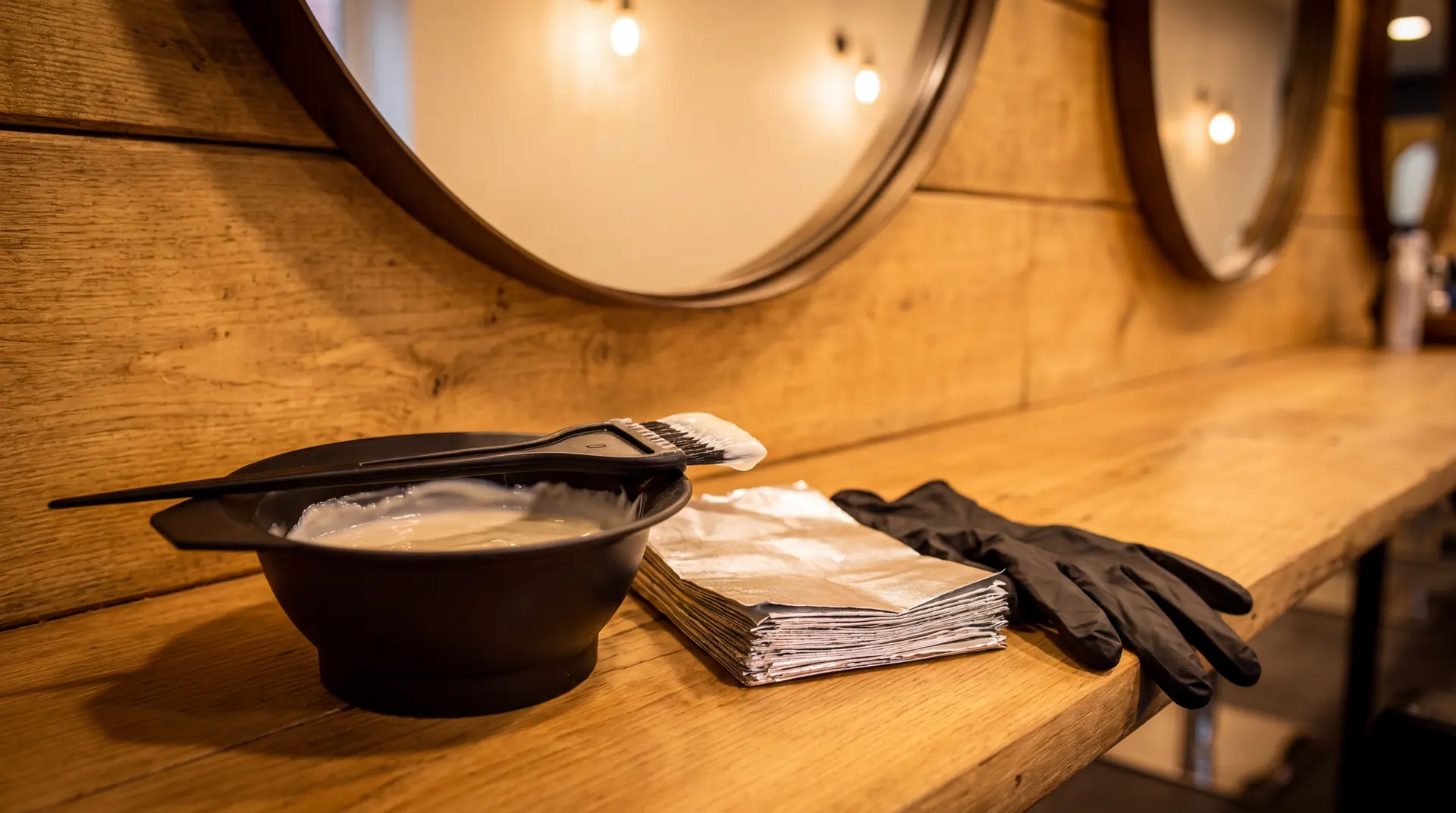 A tint bowl of lightener with a brush, foils and gloves on the oak shelf