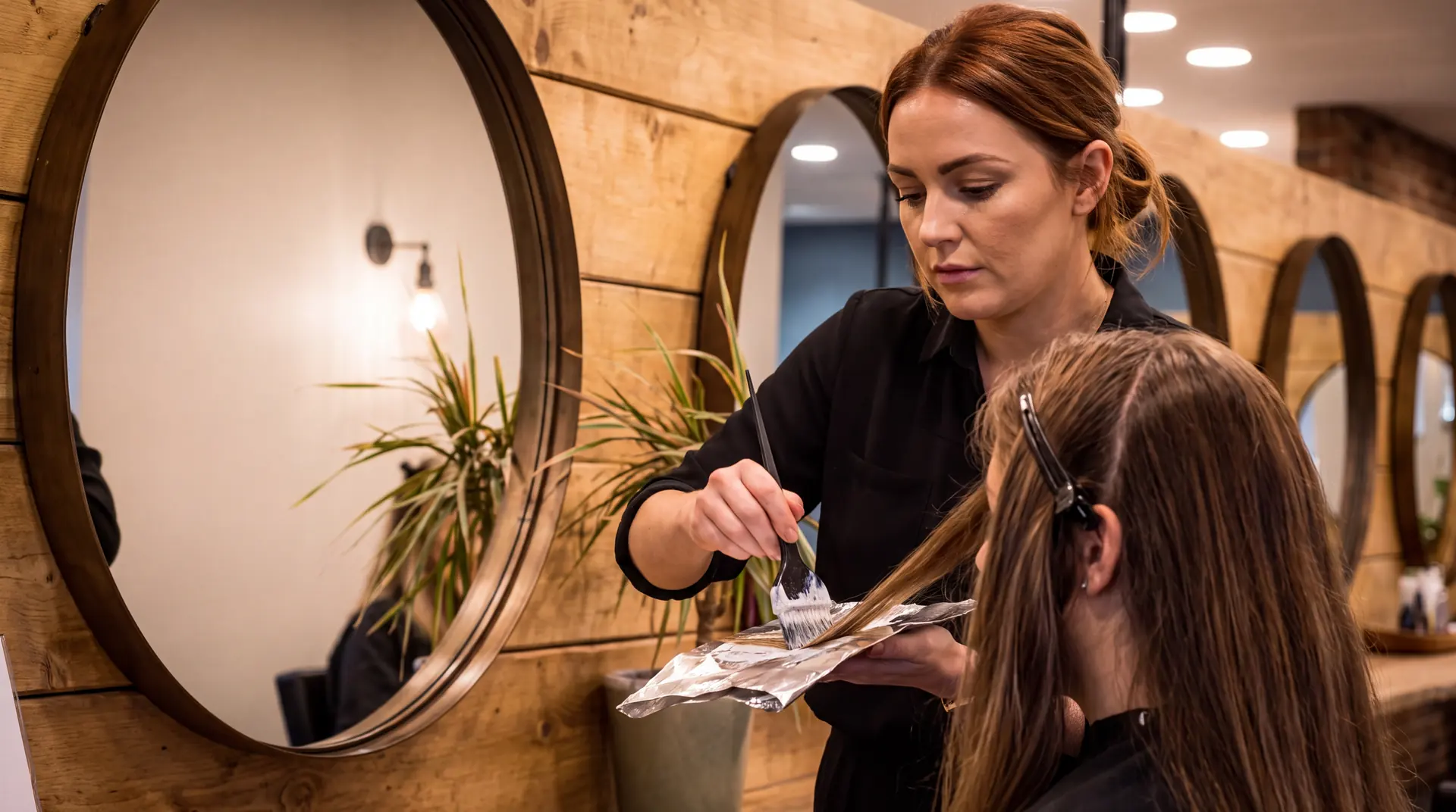 A colourist painting balayage onto hair over foil