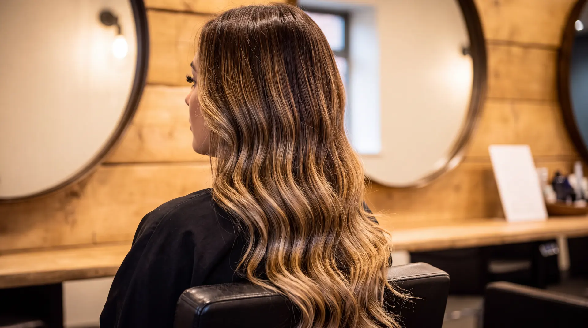 A finished balayage in chocolate, caramel and honey tones